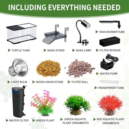 (Tank + Light +Pump + Filter + Filter Balls) Turtle Tank Kit, Turtle Tank Starter Kit,Bottom Drainage, Multi-Function Areas for Turtles, Crabs,Fishes, Amphibians,Reptiles. (21.65 x 12.28 x12.28 Inch)