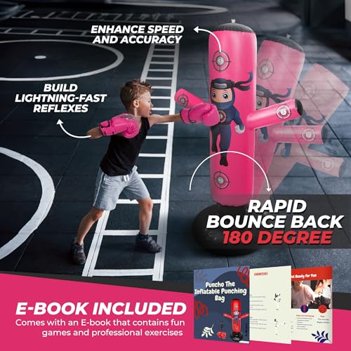PUNCHO Punching Bag for Kids 3-12 with Boxing Gloves, Pump and Play Book - color: Pink