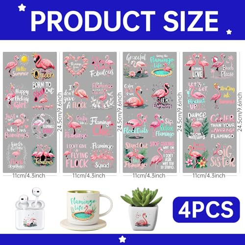 UV DTF Cup Wrap Transfer Stickers, 4 Sheets Flamingos Rub On Transfers for Tumblers Water Bottles Glass Cups Mugs Ceramics - style: Flamingos