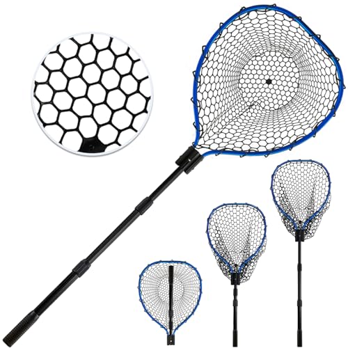 Telescoping Metal Lock Fishing Net Blue Aluminum Alloy Rubber Fish Net - Adjustable Length Lightweight Foldable Large Fishing Net with Handle Collapsible Extendable Fishing Accessories - color: Blue:3-section pole|upgraded metal lock|length:64.5"