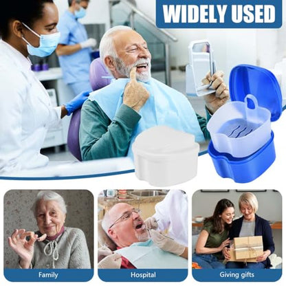 KISEER 3 Pack Colors Denture Bath Case Cup Box Holder Storage Soak Container with Strainer Basket for Travel Cleaning (White, Blue, Light Blue) - color: White, Blue, Light Blue