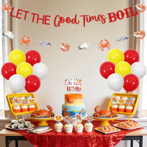 Cheereveal Let the Good Times Boil Party Decorations Kit, Seafood Banner Garland Cake Toppers Cupcake Picks, Red White Yellow Balloons, Crawfish Lobster Shrimp Boil Birthday Bridal Shower Decor