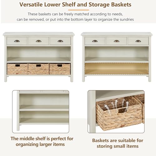 Wood Accent Console Table with Drawer, 3-Tier Entryway Table with Storage Shelves and 3 Water Hyacinth Woven Baskets Sideboard Table Cabinet with Storage - Antique White