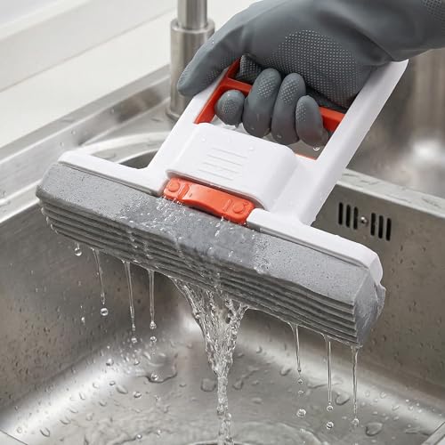 Mini Mop Self Squeeze Small Sponge Mop | 15cm Sponge Portable Mini Mop for Kitchen Counter and Car Interior with Extended 33cm Gloves 3 Sponges 5 Compressed Cloths