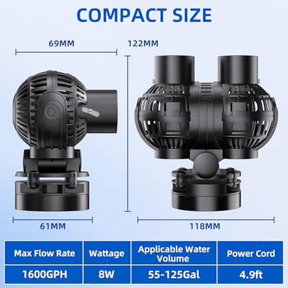 Magnetic Wave Maker for Aquarium: 1s Snap on 15mm Glass & Dry-Hand Relocation - Dual 180°Adjustable Heads Eliminate Dead Spots Improve Water Quality for 55-125 Gallon Fish Tank