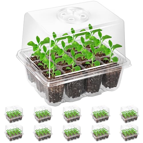10 Packs Seed Starter Tray with Elevated Lid, 120 Cells Thicken Seed Starting Trays Kit with Adjustable Humidity Vent, Clear Cell Tray and Heightened Lids for Greenhouse & Gardens, Clear - color: Clear, size: 10 Packs, NO light