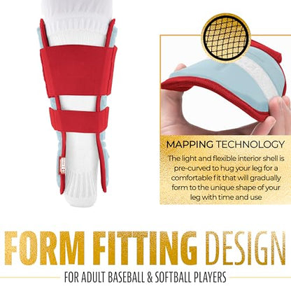 Franklin Sports Baseball + Softball Leg Guard - PRT Series Adult - Protective Leg + Ankle Guard + Toe Plate - One Size - color: Carolina Blue/Red, size: Adult