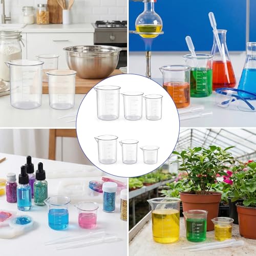 Plastic Beaker Set, 6 Sizes Low Form Measuring Graduated Polypropylene Beakers - 25ml, 50ml, 100ml, 150ml, 200ml, 250ml for Science Lab Classrooms Home with 6 Plastic Droppers in 3 ml