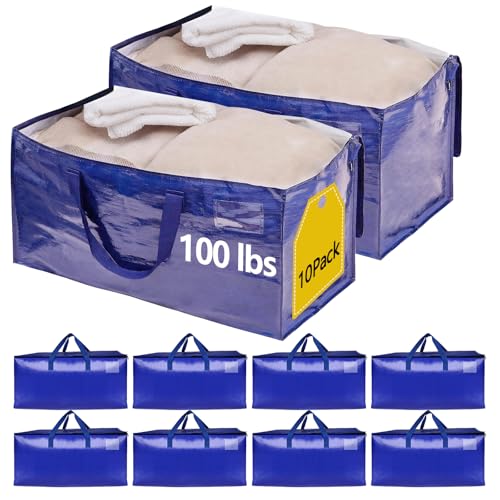 10 Pack Waterproof Moving Storage Bags, 100 lbs Extra Large Heavy Duty Totes with Reinforced Handles & Strong Zippers, Reusable Moving Box Alternative for Packing Moving Household Storage, 95L, Blue - color: Blue, size: 10 Pack