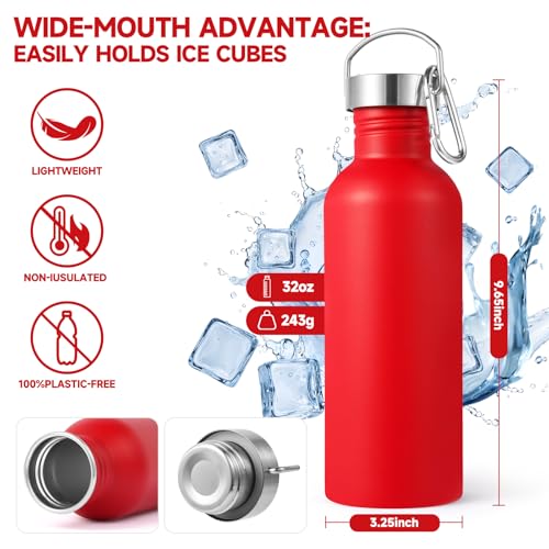 Volhoply 32oz Uninsulated Single Walled Water Bottle, Stainless Steel Sports Water Bottles with Handle, BPA Free Lightweight Water Bottles for Hiking, Biking, Running（Red,1） - color: Red