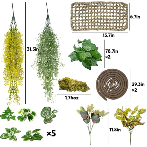15Pcs Bearded Dragon Tank Accessories, Reptile Plants, Reptile Hammock, Lizard Habitat Decor with Terrarium Plants for Geckos Snakes Chameleons