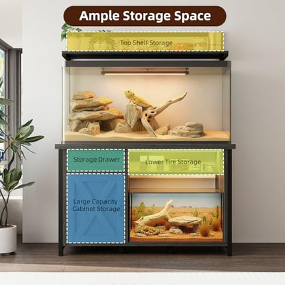 Reptile Tank Stand with Power Outlet, Terrarium Stand with Storage Cabinet, 49" X 20" Tabletop, Aquarium Stand with LED Lights, Reptile Terrarium,Turtle Tank (Gray) - color: Gray