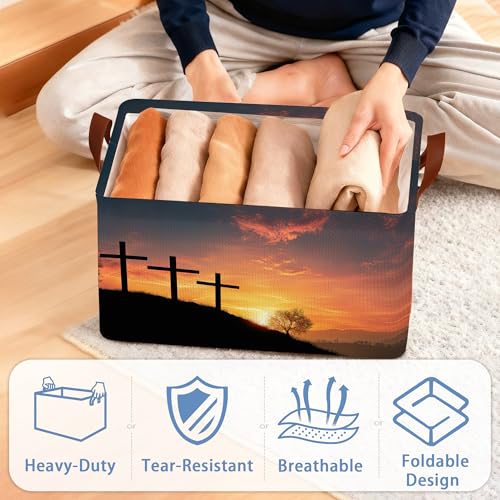 Cross Sunset Storage Basket,Collapsible Storage Bin Cubes for Living Room Bedroom Blankets Home Storage 17x11.5x10Inch