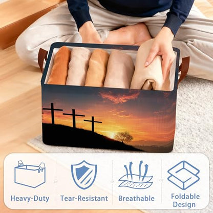Cross Sunset Storage Basket,Collapsible Storage Bin Cubes for Living Room Bedroom Blankets Home Storage 17x11.5x10Inch