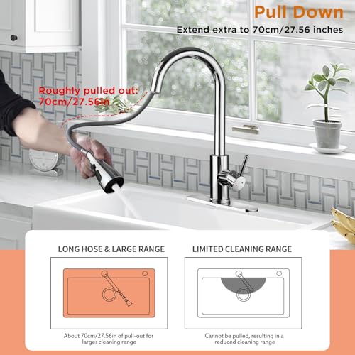 Kitchen Faucet with Pull Down Sprayer，Stainless Steel Single Handle Kitchen Faucet，1/3 Hole, Deck Plate Included，Suitable for farmhouses, Campers, Laundry Rooms, RVs, and Bars (Chrome)