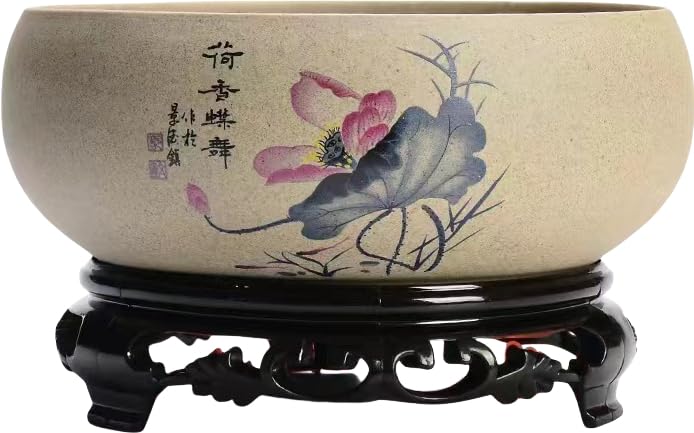 Lotus Bowl Planter, Chinese Ceramic Lotus Flower Bowl with Stand Base, Hydroponic Water Lily Bowl Planter Indoor, Oriental Fish Tank Bowl for Lotus Flowers Indoor (Style A)