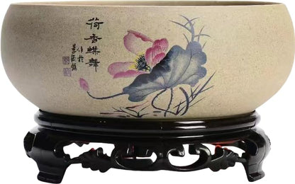 Lotus Bowl Planter, Chinese Ceramic Lotus Flower Bowl with Stand Base, Hydroponic Water Lily Bowl Planter Indoor, Oriental Fish Tank Bowl for Lotus Flowers Indoor (Style A)