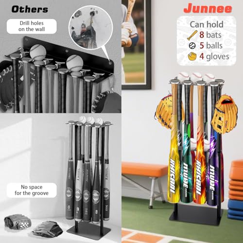 Baseball Bat Holder Stand, Free Standing Bat Rack Holds 8 Bats & 5 Balls | Sturdy metal rack, free standing design, holds 8 bats and 5 balls, 4 glove hooks, no drill storage for home and dugout