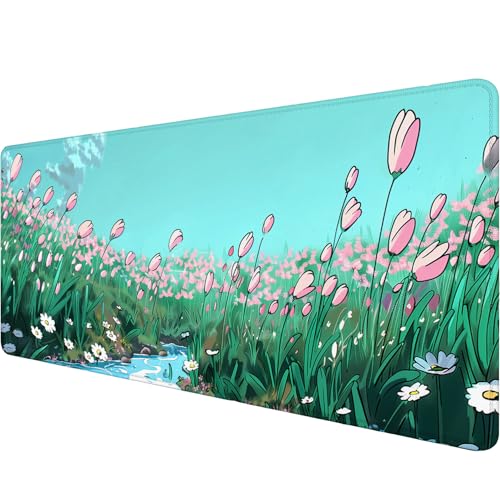 Anime Floral Gaming Desk Pad - Extended Cute Sage Green Plant Mouse Pad Mat with Stitched Edge Non-Slip Base - 31.5"x11.8" - color: Anime Floral_008, size: 11.8" x 31.5"