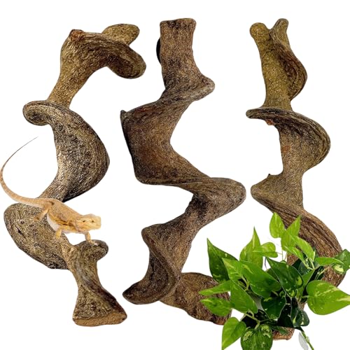 3PCS Natural Reptile Climbing Branches Decor,1.2-1.8" Thick Natural Snake Climbing Forest Wood with Plant Leaf Decor,Lizard Forest Branch,Geckos Tank Tree Trunk Accessories for Bearded Dragons - size: 3PCS|M:1.25-1.75"T,13"H