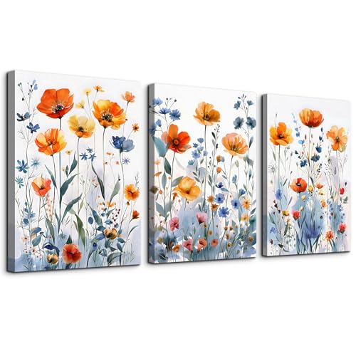 TTHYUEWS Boho Wall Art for Living Room & Bedroom - Modern Wall Decorations - 3 Piece Set - Flowers Watercolour Paintings & Posters - Home Decor