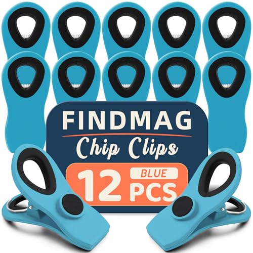 FINDMAG 12 Pack Chip Clips, Big Food Clips Blue Magnetic Clip, RV Accessories, Magnetic Bag Clip with Airtight Seal for Chips, Bread, Snacks, Fridge Organize, Kitchen Storage, Note