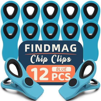 FINDMAG 12 Pack Chip Clips, Big Food Clips Blue Magnetic Clip, RV Accessories, Magnetic Bag Clip with Airtight Seal for Chips, Bread, Snacks, Fridge Organize, Kitchen Storage, Note