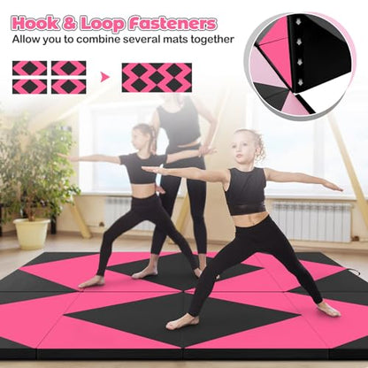 Giantex 4'x8' Gymnastics Mat, 2" Thick Folding Tumbling Mat with Carrying Handles, Foldable Gym Mat with Hook and Loop Fastener, Cheer Mats for Kids Adults Home Exercise Aerobics Fitness - color: Black/Pink