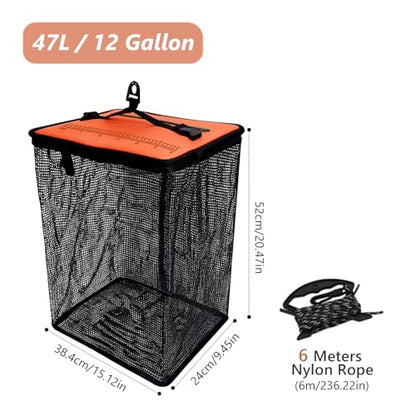 Orange Floating Fish Basket for Live Caught, 10 Gallons Foldable Fishing Holder for Pier, Kayak, Boat Fishing, Large Fishing Bait Storage