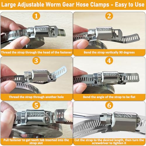 Hose Clamps Stainless Steel, Large Worm Gear Duct Pipe Hose Clamp Assortment Kit, Band Fittings Strap, 32.81FT Adjustable Metal Bolt with 20 Stronger Fasteners Screw for Plumbing Auto Tube Fuel Line