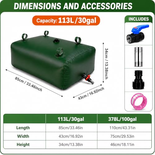30 Gallon Water Storage Bladder, Premium Tear-Proof & Leakproof PVC Water Storage Tank, Portable Water Tank for Camping, Truck, RV Trips, Emergency, Outdoor & Wild Survival - size: 30 gallon