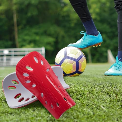 ANCIRS 2 Pair Soccer Shin Guards for Youth, Breathable Shin Guard Sleeves for Football Games, Protective EVA Cushion for Youth Men & Women - color: White & Red