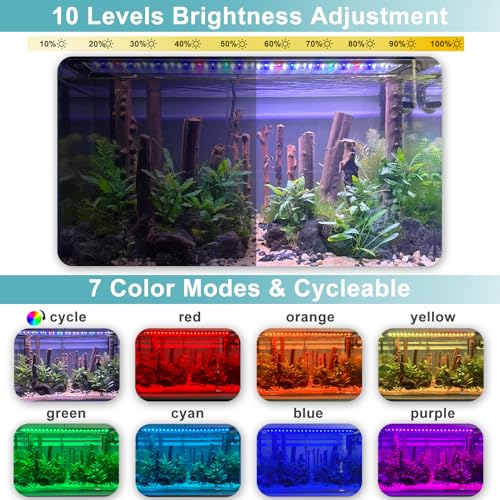 Auto On Off LED Aquarium Light, Full Spectrum Fish Tank Light with LCD Monitor, 24/7 Lighting Cycle, Adjustable Timer, 7 Colors, 10 Level Dimmable, IP68 Waterproof, 3 Modes for 12 to 18 Inch Fish Tank