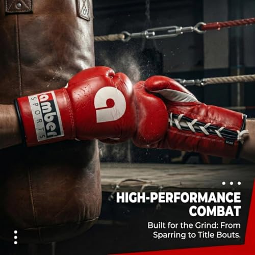 Amber Fight Gear Professional Leather Fight Gloves – Competition Ready Boxing & Kickboxing Gloves – Padded Multi-Layered Foam – Pre-Curved Safety Design – Sizes 8oz, 10oz, 12oz – Red & Blue - color: Red, size: 10 oz