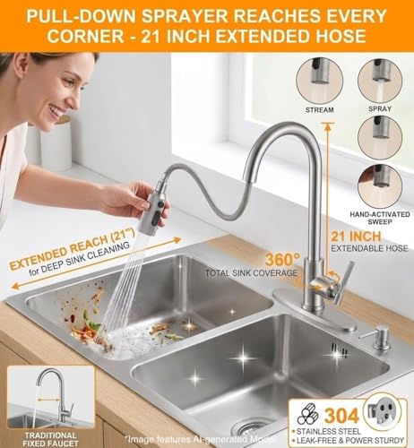 Kitchen Faucet, Pull Down Sprayer Kitchen Sink Faucet, Single Handle High-Arc with 3 Function Spray Head, 1 or 3 Hole Installation, Suitable for Farmhouse Laundry Rv Bar (Brushed Nickle)