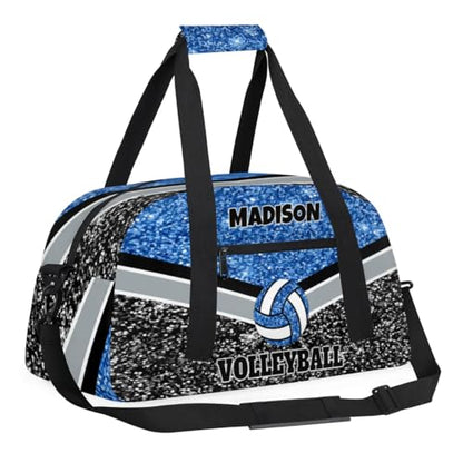 Personalized Volleyball Bag for Teens, Blue and Black Glitters Sequins | Custom Dance Bag Name Overnight Small Duffel Bag for Practice Gymnastics Ballet Sports Bag - color: Blue Black