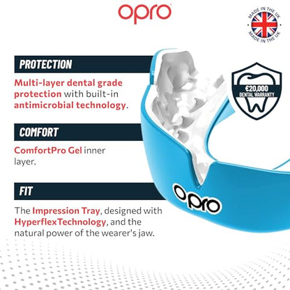OPRO Instant Custom-Fit Mouthguard – Dentist Level Gum Shield Adult and Kids – OPRO Mouth Guard Boxing and MMA, Self-Fit Gum Shield Rugby – Maximum Protection with Dental Warranty (Sky Blue/White) - color: Sky Blue/White, size: Adult (10+)