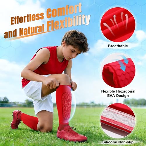 XZQTIVE Soccer Shin Guards Shin Defender for Kids Youth Adult, Ski Shin Guard Calf Compression Sleeve with Honeycomb Shin Pads - color: red, size: XX-Small