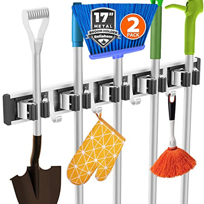 reliahom Broom Holder Wall Mount Mop Hanger Tools organizer 5Racks4Hooks,2P | Adjustable Mop Broom Wall Hanging Heavy Duty Tools Storage Rack Space-saving for Garage,Kitchen,Laundry Room,Garden, Black - color: Black