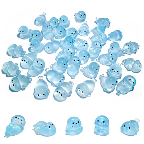 40Pcs Glow in Dark Mini Resin Seal Figurines - 5 Styles Luminous Sea Animals for Terrarium Decor, Fairy Garden, Aquarium, Small Resin Animals with Storage Box