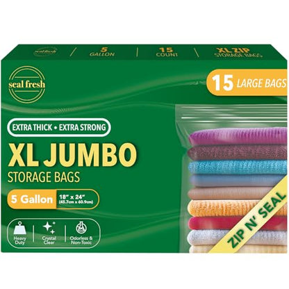 Seal Fresh 5 Gallon Large Plastic Storage Bags – 18" x 24" (15 Count) – Reusable XXL Extra Large Clear Jumbo Zip Bags with Sealable Zipper Top For Clothes, Travel, Moving