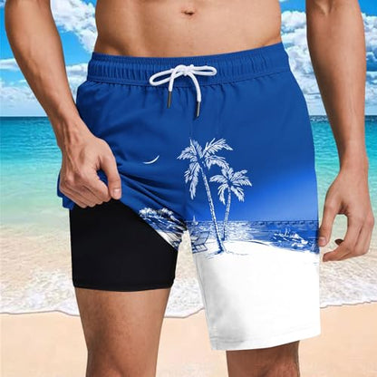 Men's Swim Trunks with Compression Liner Drawstring Bathing Suits Board Beach Shorts with Pockets - color: Blue, size: Small