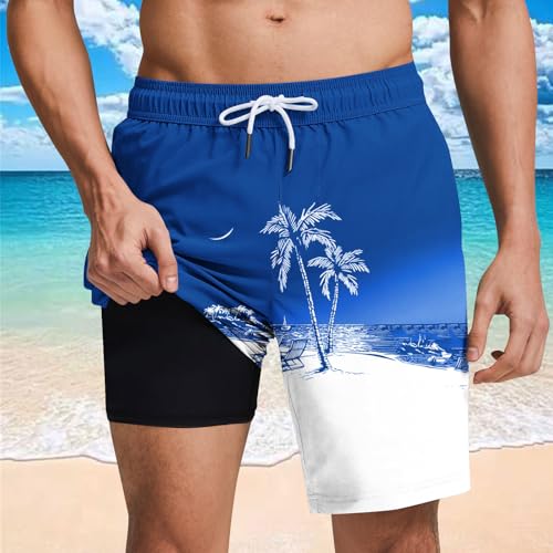 Men's Swim Trunks with Compression Liner Drawstring Bathing Suits Board Beach Shorts with Pockets - color: Blue, size: Medium