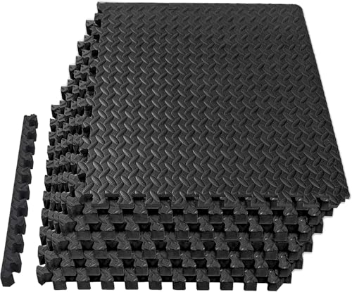 Mat Block Interlocking EVA Foam Exercise Mat Tiles - 6-Piece (24 SQ FT) 1/2 Inch Thick Home Gym Floor Mats for Workouts & Equipment - Non-Slip, Protective Puzzle Mats, Black