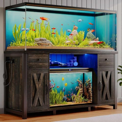55-75 Gallon Fish Tank Stand with Power Outlet & LED Lights, Heavy Duty Aquarium Stand with Storage Drawers & Barn Doors, Reptile Tank Cabinet for Turtle, Reptile Terrarium, Dark Oak