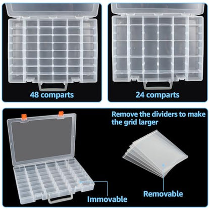 2 Pack Large 48 Girds Plastic Organizer Box with Adjustable Dividers, Clear Storage Organizer Case Jewelry Storage Bead Container Rock Collection Boxes for Screw, Craft, Arts,Tackle