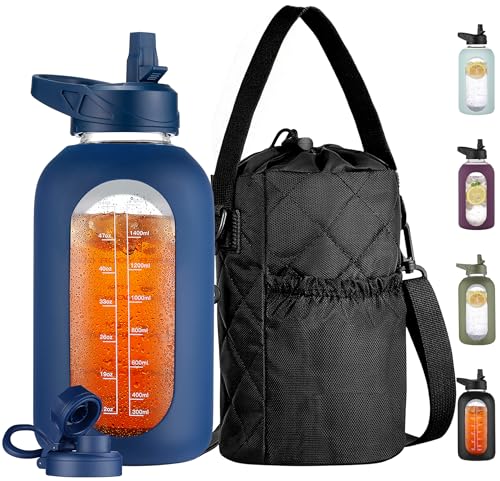 CIVAGO 64 oz Glass Water Bottle with Straw and Insulated Bottle Holder | Half Gallon Motivational Water Jug with Time Marker and Silicone Sleeve, Large Leakproof Water Flask with 2 Lids, Navy - color: Navy, size: 64 Ounces