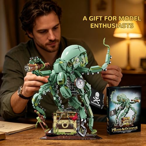 Steampunk Pirate Octopus Building Set for Adults, Mechanical Ocean Animal Collectible Model with Treasure Chest & Flag, Idea Gift for Teens Desk Decor Display -1128pcs