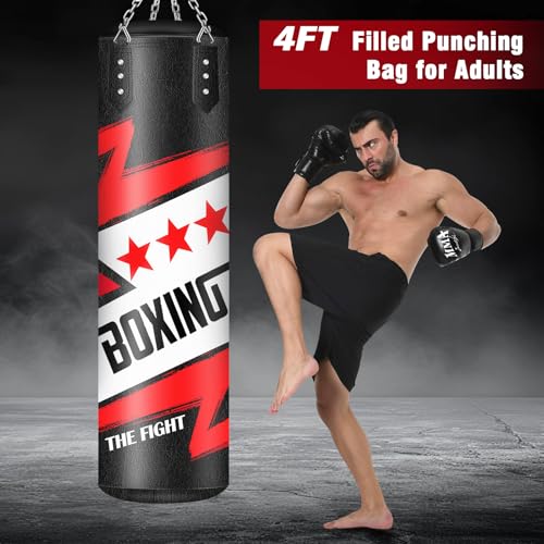 Filled Punching Bag for Adults, 4FT Boxing Bag with Sponge Filler & Gloves | PU Leather Hanging Punching Bag, Heavy Kicking Bag Boxing Equipment for MMA Training Karate Kickboxing - style: Fighting