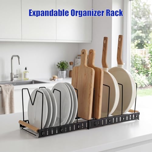 Pot and Pan Organizer Rack for Countertop and Cabinet, Expandable Pot Lid Organizer Holder with 7 Adjustable Compartment for Kitchen Cookware Cake Molds Cutting Boards Storage Rack (1 Pack,Black)